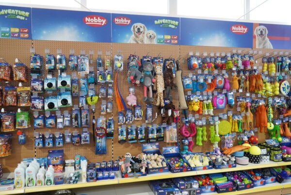 Wand mit Hundespielzeug und Zubehör